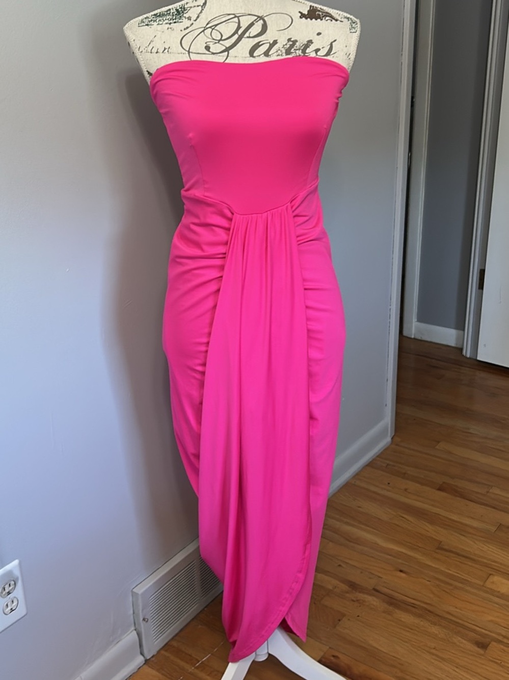 Strapless Hot Pink Draped Maxi Dress